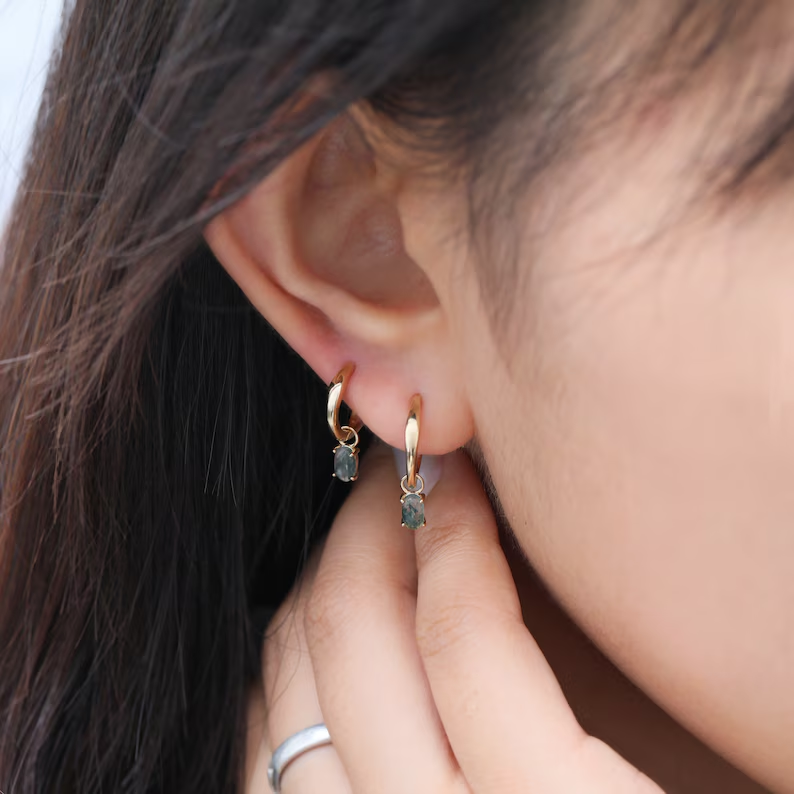 14K Gold Moss Agate Dangle Hoop, Oval Cut Gemstone Huggie Earring, Handmade Green Stone Cartilage Hoop, Gold Clicker Earring
