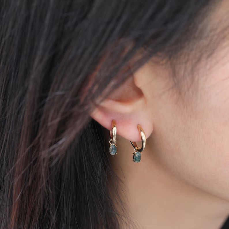 14K Gold Moss Agate Dangle Hoop, Oval Cut Gemstone Huggie Earring, Handmade Green Stone Cartilage Hoop, Gold Clicker Earring