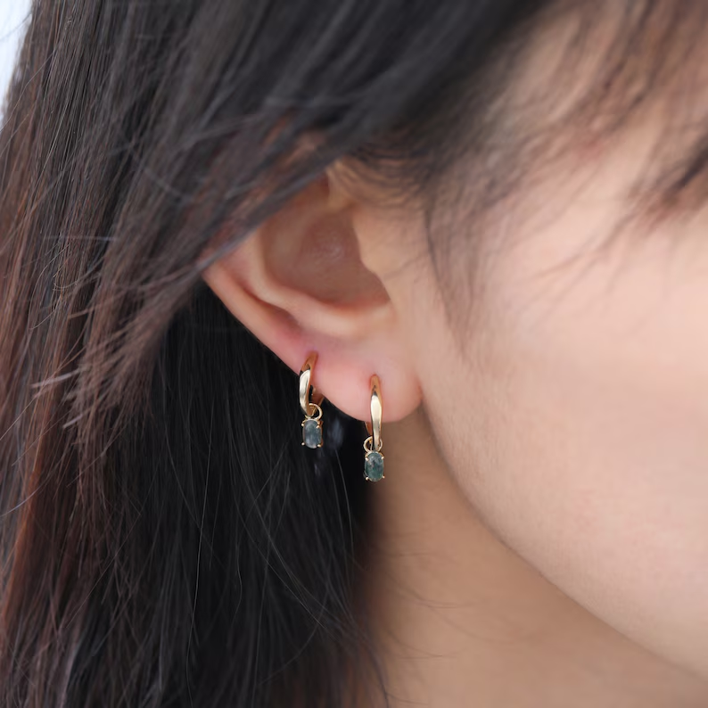 14K Gold Moss Agate Dangle Hoop, Oval Cut Gemstone Huggie Earring, Handmade Green Stone Cartilage Hoop, Gold Clicker Earring