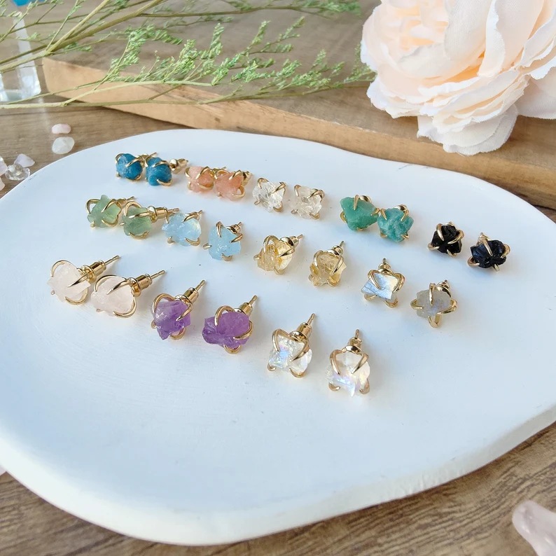 Birthstone Raw Gemstone Gold Stud Real Healing Quartz Earrings