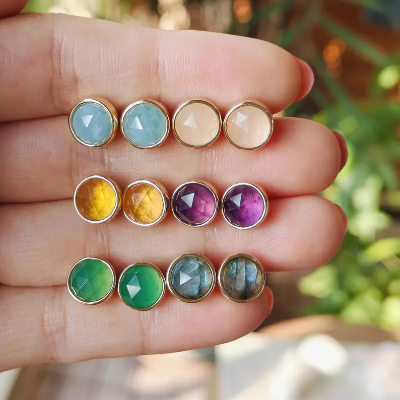 Small Round Gemstone Stud Earrings Rose Quartz Earring Aquamarine Earrings Healing Crystal Stone Studs Birthstone Earrings Boho Jewelry Gift