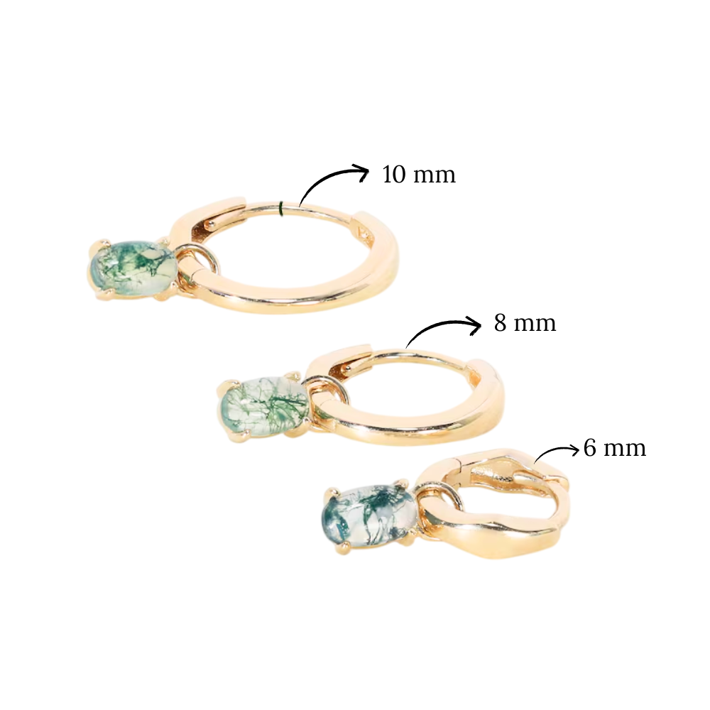 14K Gold Moss Agate Dangle Hoop, Oval Cut Gemstone Huggie Earring, Handmade Green Stone Cartilage Hoop, Gold Clicker Earring