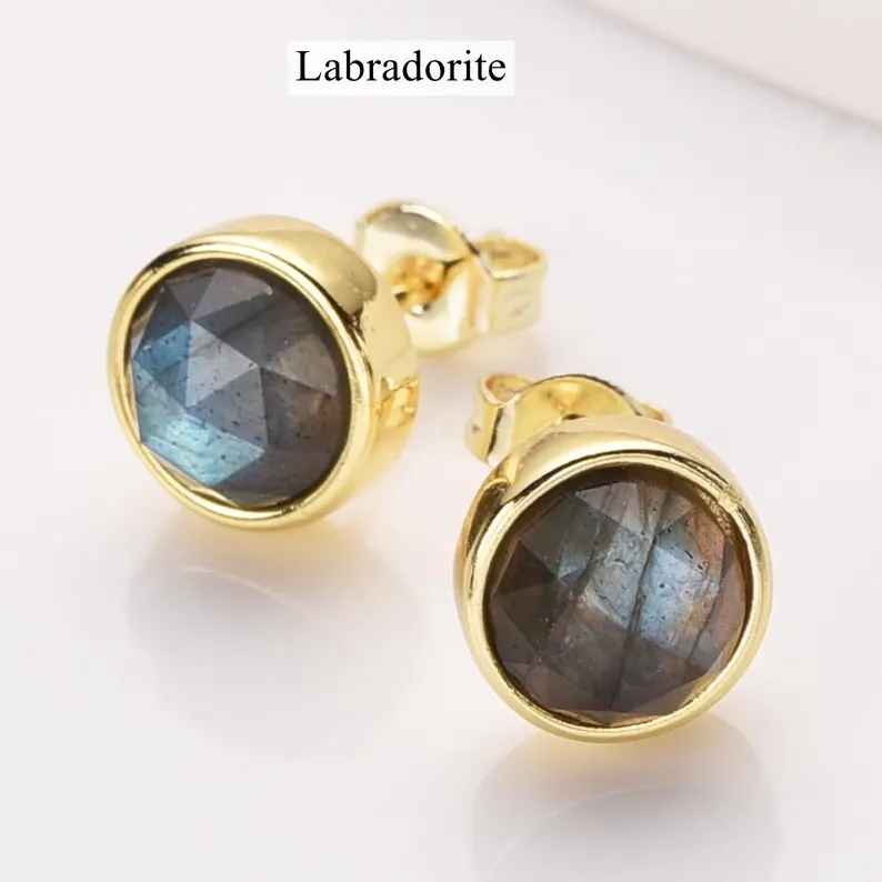 Small Round Gemstone Stud Earrings Rose Quartz Earring Aquamarine Earrings Healing Crystal Stone Studs Birthstone Earrings Boho Jewelry Gift