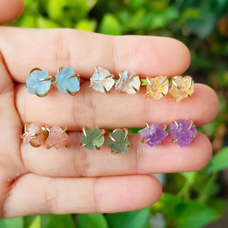 Birthstone Raw Gemstone Gold Stud Real Healing Quartz Earrings