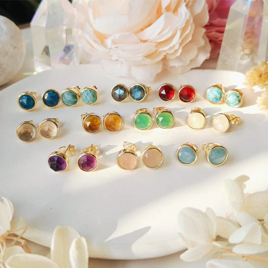 Small Round Gemstone Stud Earrings Rose Quartz Earring Aquamarine Earrings Healing Crystal Stone Studs Birthstone Earrings Boho Jewelry Gift