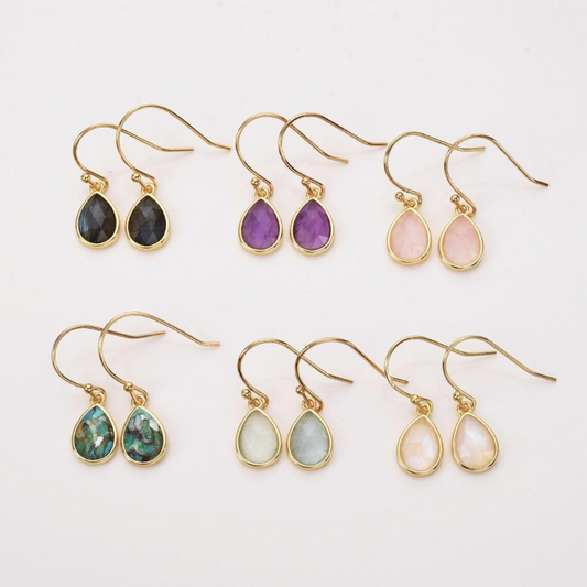 Teardrop Gemstone Earrings Gold Plated Birthstone Earring Crystal Earrings Rose Quartz Aquamarine Moon Stone Drop Earrings Boho Jewelry Gift