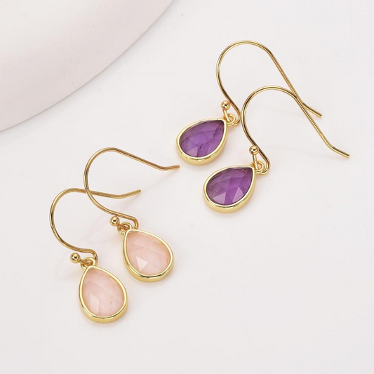 Teardrop Gemstone Earrings Gold Plated Birthstone Earring Crystal Earrings Rose Quartz Aquamarine Moon Stone Drop Earrings Boho Jewelry Gift