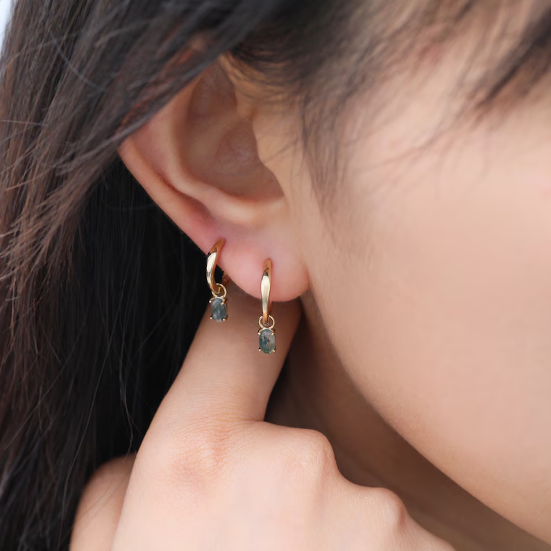 14K Gold Moss Agate Dangle Hoop, Oval Cut Gemstone Huggie Earring, Handmade Green Stone Cartilage Hoop, Gold Clicker Earring