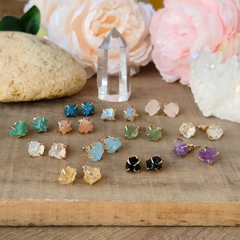 Birthstone Raw Gemstone Gold Stud Real Healing Quartz Earrings
