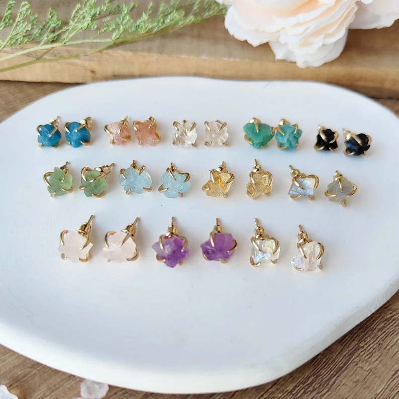 Birthstone Raw Gemstone Gold Stud Real Healing Quartz Earrings