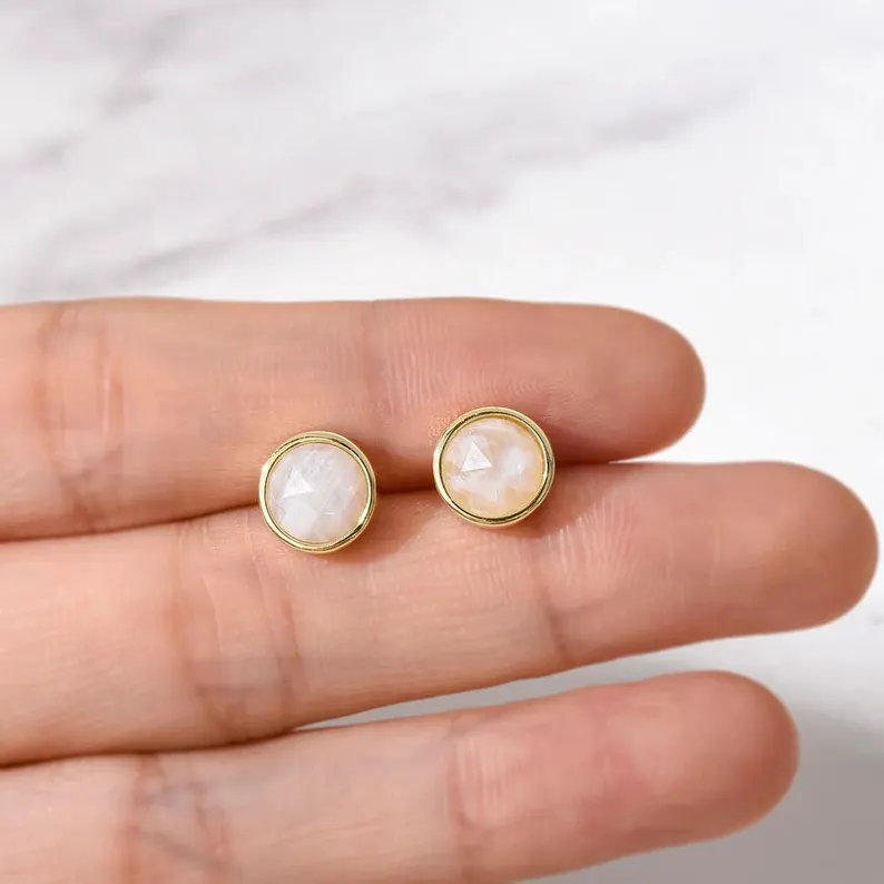 Small Round Gemstone Stud Earrings Rose Quartz Earring Aquamarine Earrings Healing Crystal Stone Studs Birthstone Earrings Boho Jewelry Gift