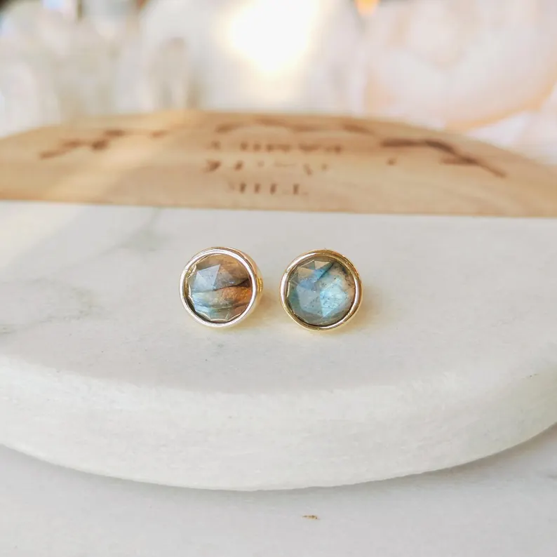 Small Round Gemstone Stud Earrings Rose Quartz Earring Aquamarine Earrings Healing Crystal Stone Studs Birthstone Earrings Boho Jewelry Gift