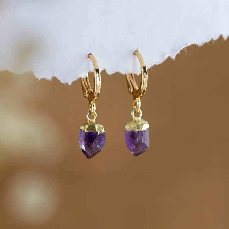 Raw Crystal Huggies Hoops Gold, Crystal Hoop Earrings, Birthstone Huggies, Charm Earrings, Tiny Dainty Small Hoops, Minimalist earrings