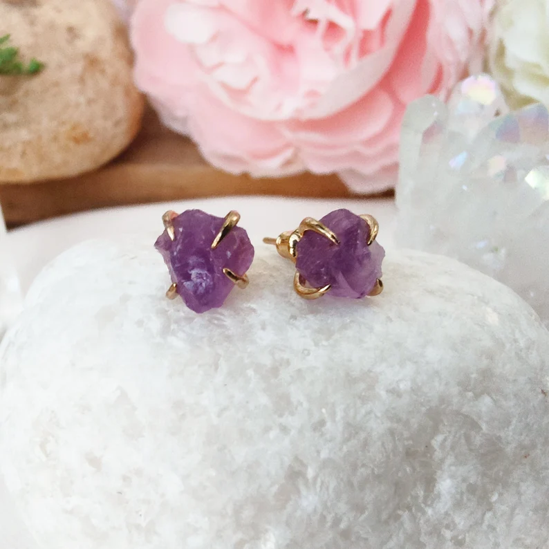 Birthstone Raw Gemstone Gold Stud Real Healing Quartz Earrings
