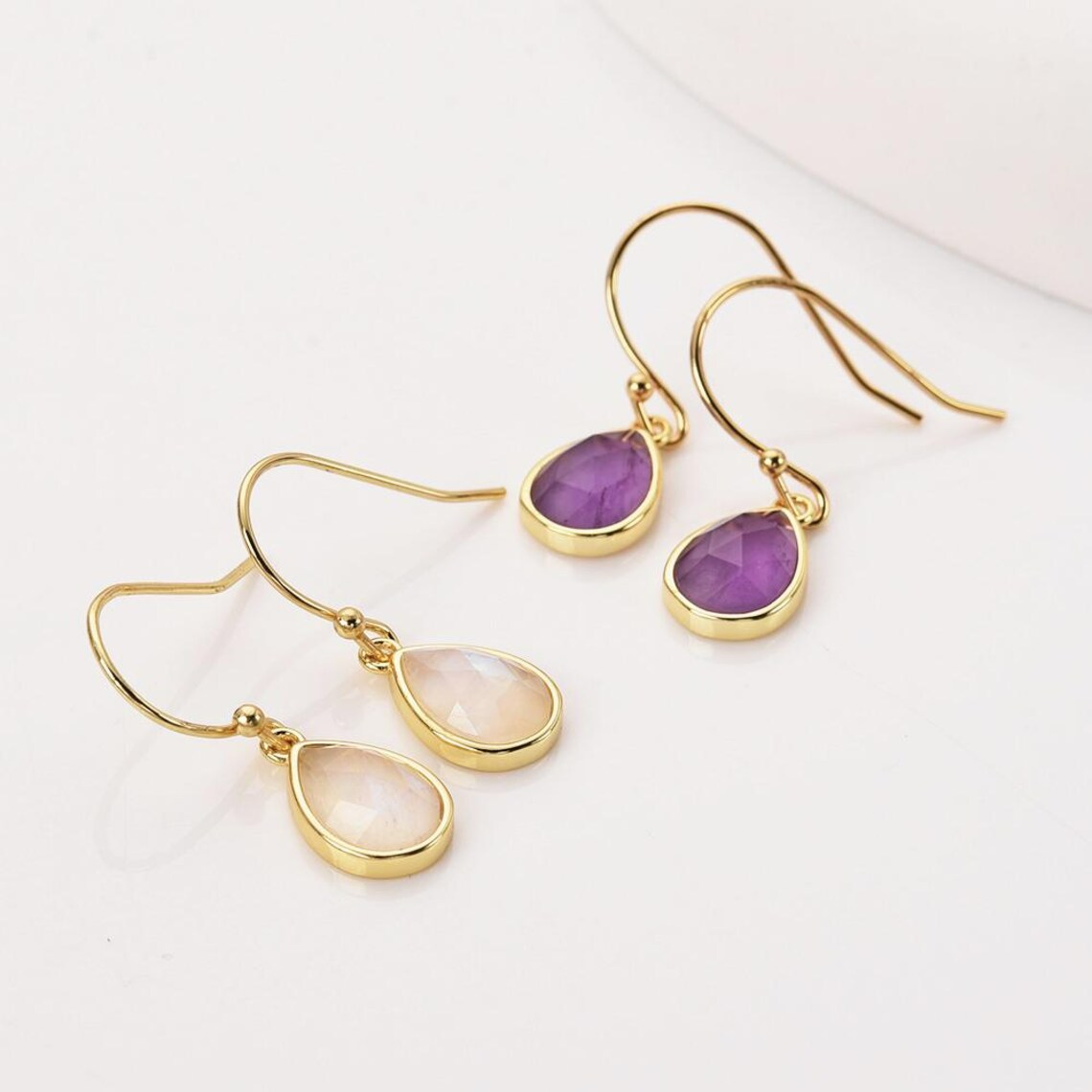 Teardrop Gemstone Earrings Gold Plated Birthstone Earring Crystal Earrings Rose Quartz Aquamarine Moon Stone Drop Earrings Boho Jewelry Gift