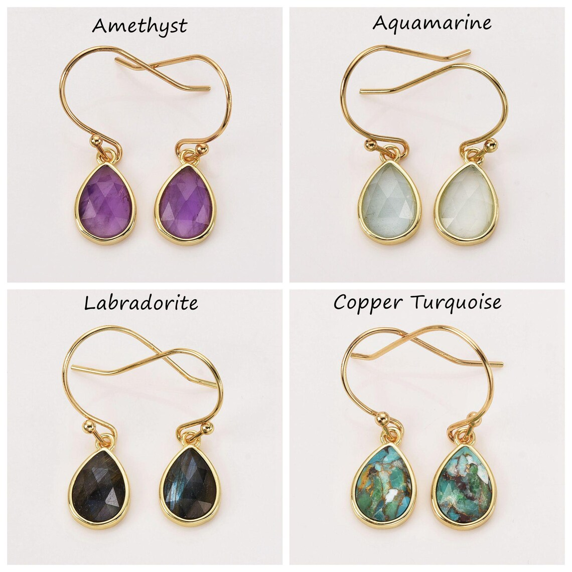 Teardrop Gemstone Earrings Gold Plated Birthstone Earring Crystal Earrings Rose Quartz Aquamarine Moon Stone Drop Earrings Boho Jewelry Gift