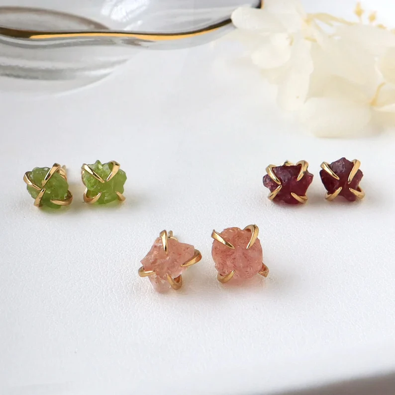Birthstone Raw Gemstone Gold Stud Real Healing Quartz Earrings