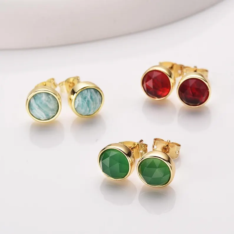 Small Round Gemstone Stud Earrings Rose Quartz Earring Aquamarine Earrings Healing Crystal Stone Studs Birthstone Earrings Boho Jewelry Gift