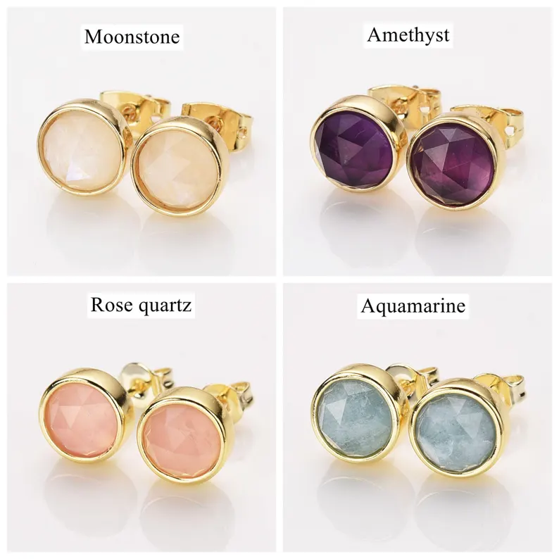 Small Round Gemstone Stud Earrings Rose Quartz Earring Aquamarine Earrings Healing Crystal Stone Studs Birthstone Earrings Boho Jewelry Gift