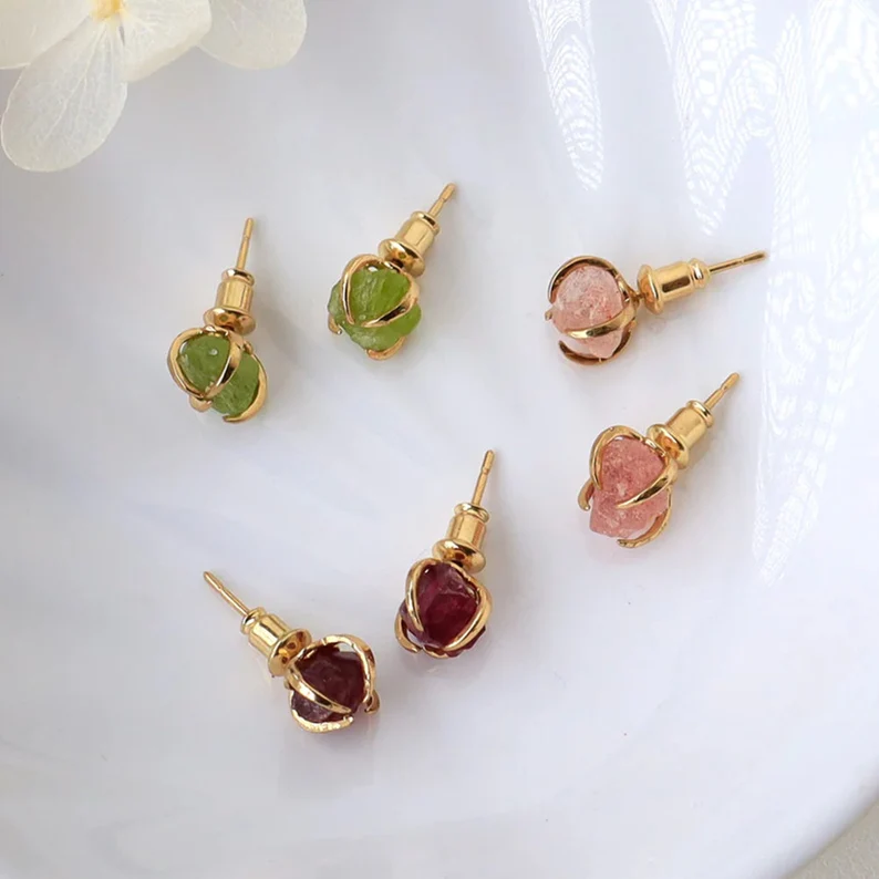 Birthstone Raw Gemstone Gold Stud Real Healing Quartz Earrings