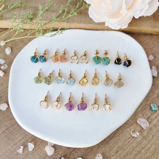 Birthstone Raw Gemstone Gold Stud Real Healing Quartz Earrings