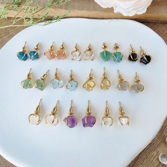 Birthstone Raw Gemstone Gold Stud Real Healing Quartz Earrings