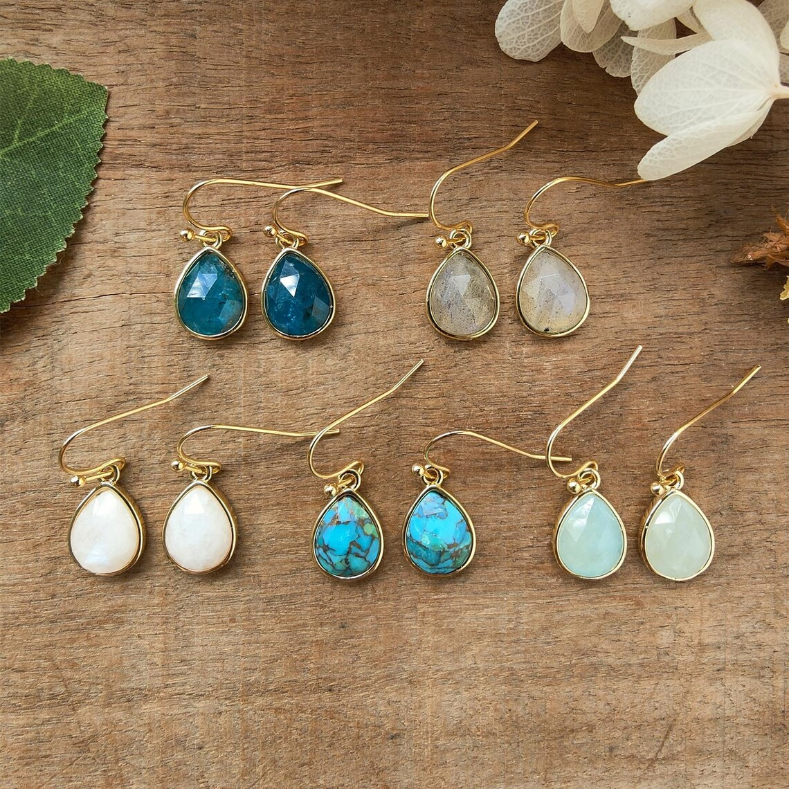 Teardrop Gemstone Earrings Gold Plated Birthstone Earring Crystal Earrings Rose Quartz Aquamarine Moon Stone Drop Earrings Boho Jewelry Gift
