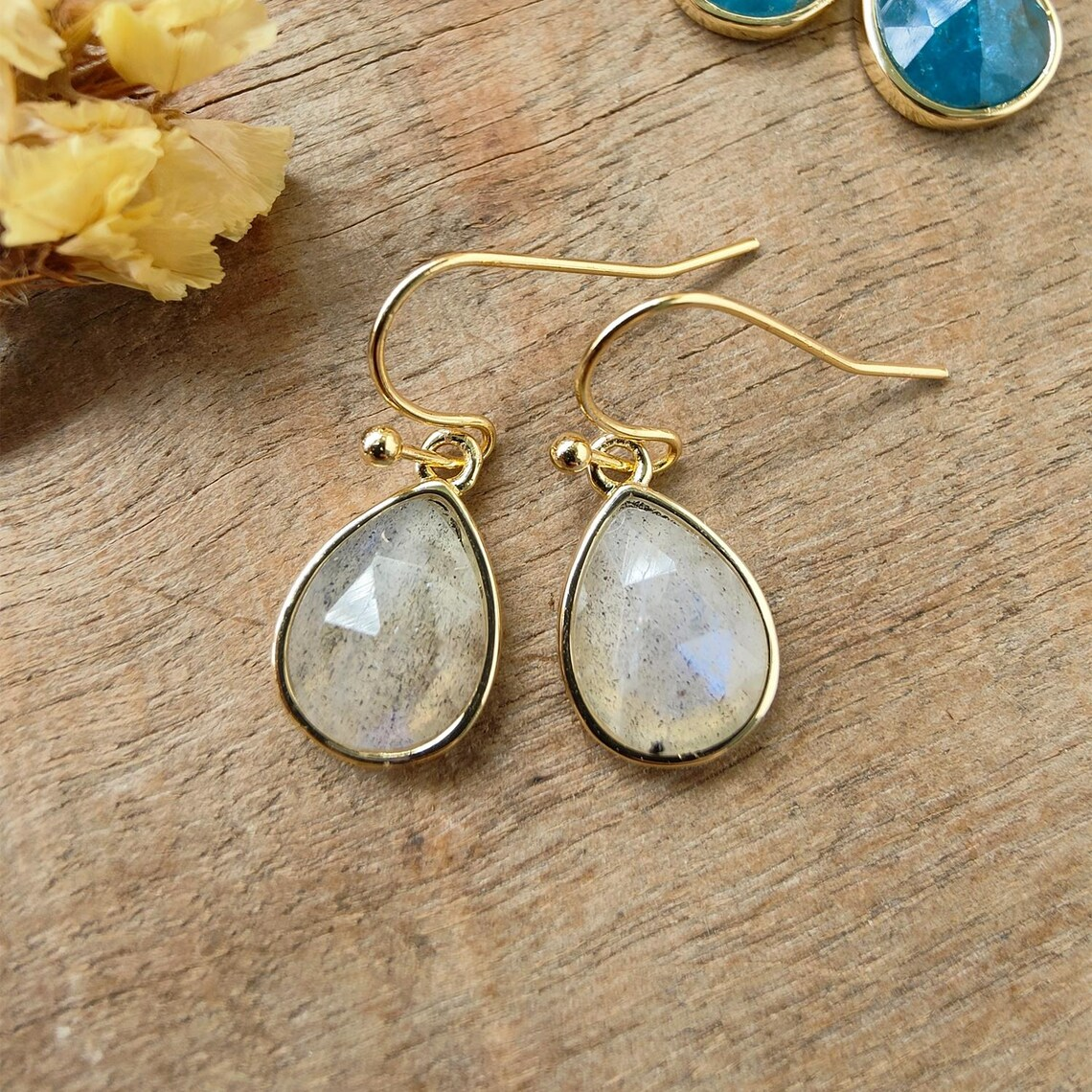 Teardrop Gemstone Earrings Gold Plated Birthstone Earring Crystal Earrings Rose Quartz Aquamarine Moon Stone Drop Earrings Boho Jewelry Gift