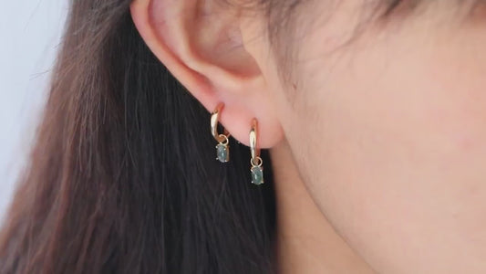 14K Gold Moss Agate Dangle Hoop, Oval Cut Gemstone Huggie Earring, Handmade Green Stone Cartilage Hoop, Gold Clicker Earring